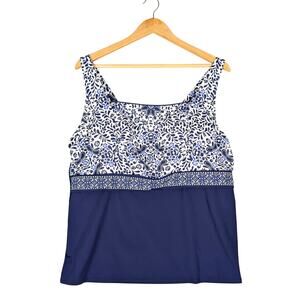 Lands’ End Square Neck Tankini Swim Top 20W Underwire Deep Sea Mixed Medallion